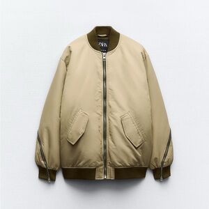 Zara Beige oversized nylon Bomber Jacket with Olive Trim